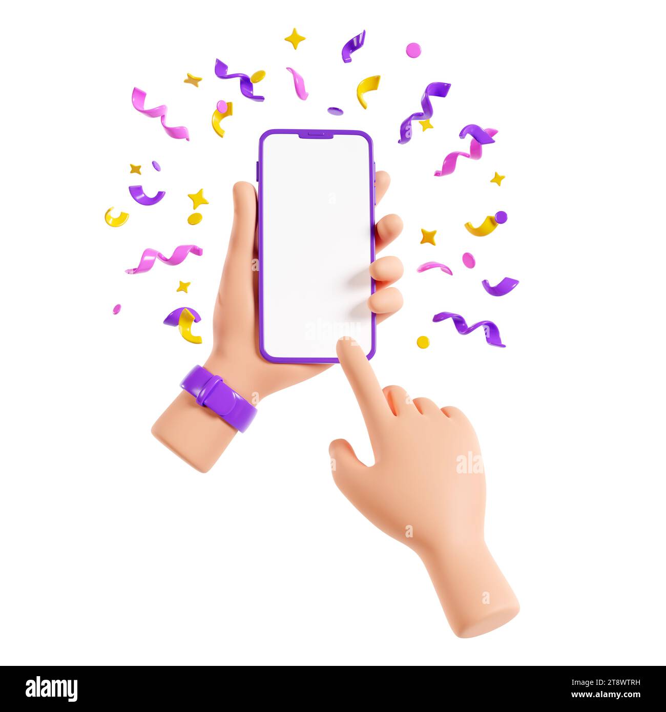 Menschliche Hand, die ein Mobiltelefon mit Konfetti-3D-Rendering hält. Stockfoto