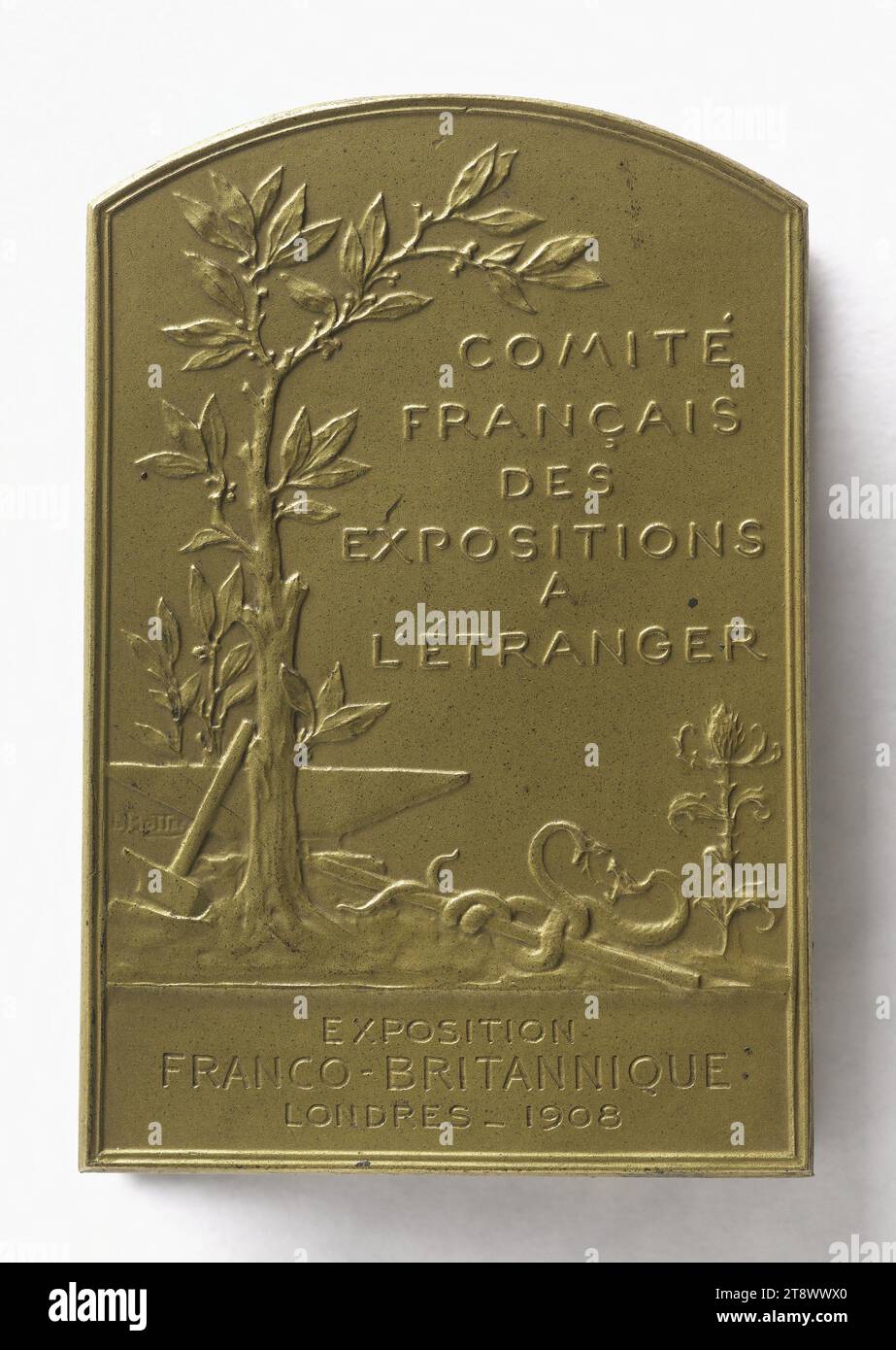 Plakette des französischen Komitees bei der französisch-britischen Ausstellung in London, 1908, Bottée, Louis-Alexandre, Gravierer in Medaillen, in 1908, Numismatik, Medaille, Abmessungen - Arbeit: Höhe: 6,2 cm, Breite: 4,2 cm, Gewicht (Typenmaß): 106,72 g Stockfoto