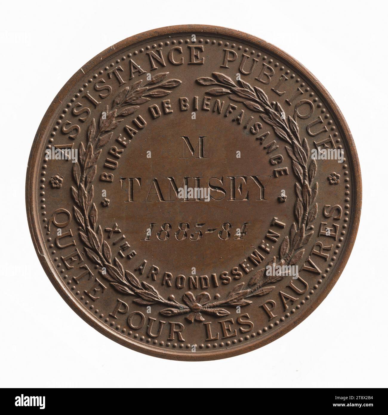 Suche nach dem Wohltätigkeitsbüro für die öffentliche Unterstützung des XI. Arrondissements von Paris, 1884, Desaide, Alphonse, Graveur in Medaillen, im Jahr 1884, Numismatik, Jeton (Numismatik), Kupfer, graviert = eingeschnitten, Abmessungen – Arbeit: Durchmesser: 4,2 cm, Gewicht (Typenabmessung): 34,92 g Stockfoto