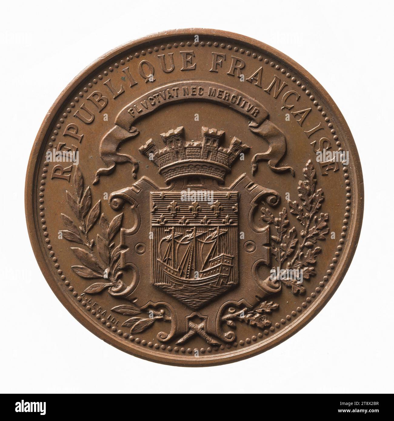 Suche nach dem Wohltätigkeitsbüro für die öffentliche Unterstützung des XI. Arrondissements von Paris, 1884, Desaide, Alphonse, Graveur in Medaillen, im Jahr 1884, Numismatik, Jeton (Numismatik), Kupfer, graviert = eingeschnitten, Abmessungen – Arbeit: Durchmesser: 4,2 cm, Gewicht (Typenabmessung): 34,92 g Stockfoto