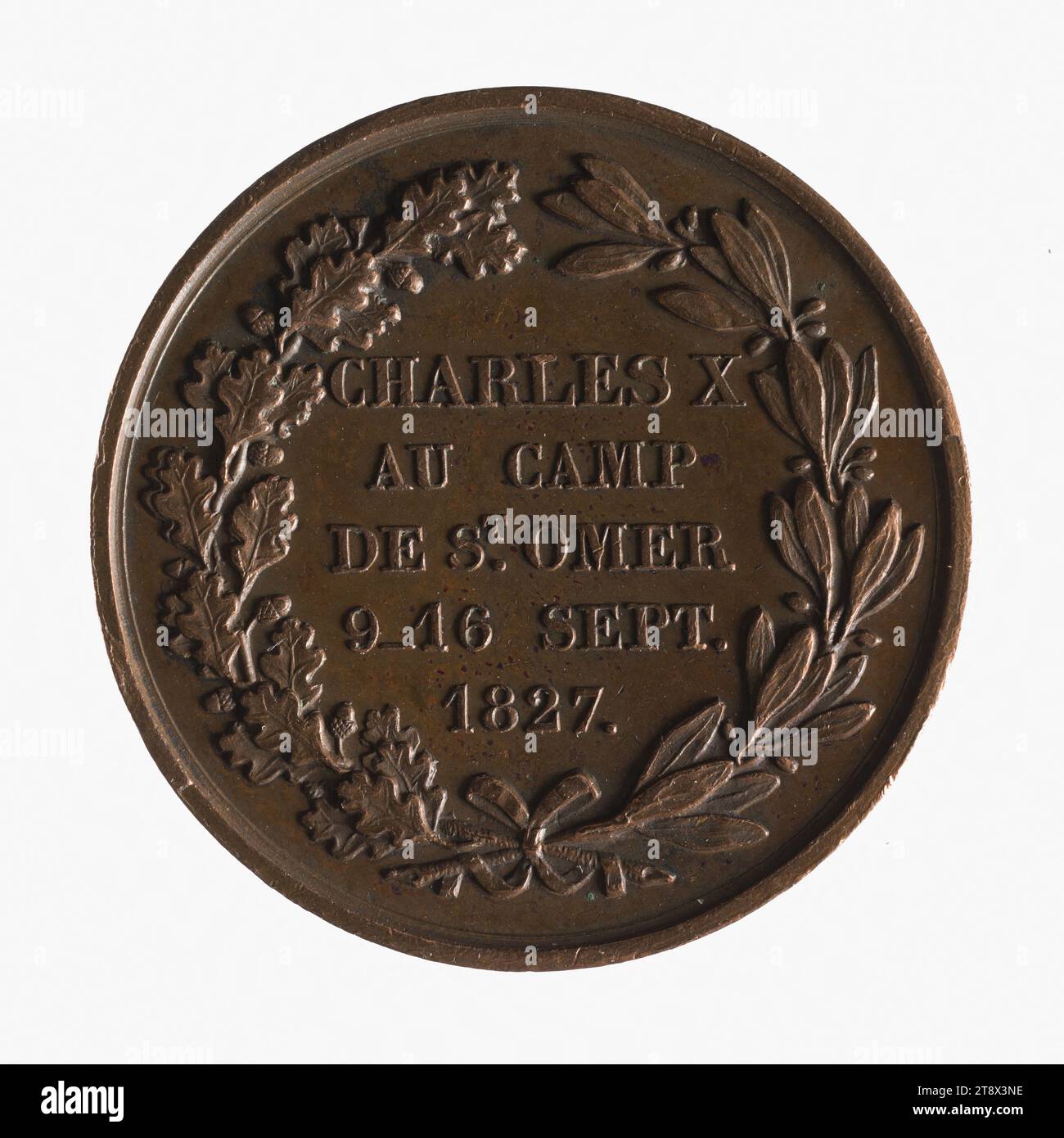 König Karl X. besucht Camp St-Omer, 9-16. September 1827, Dubois, Joseph Eugène, Gravierer in Medaillen, Puymaurin, Jean-Pierre Casimir de Marcassus de, Baron, Array, Numismatik, Medaille, Paris, Abmessungen – Arbeit: Durchmesser: 2,7 cm, Gewicht (Typenabmessung): 9,11 g Stockfoto