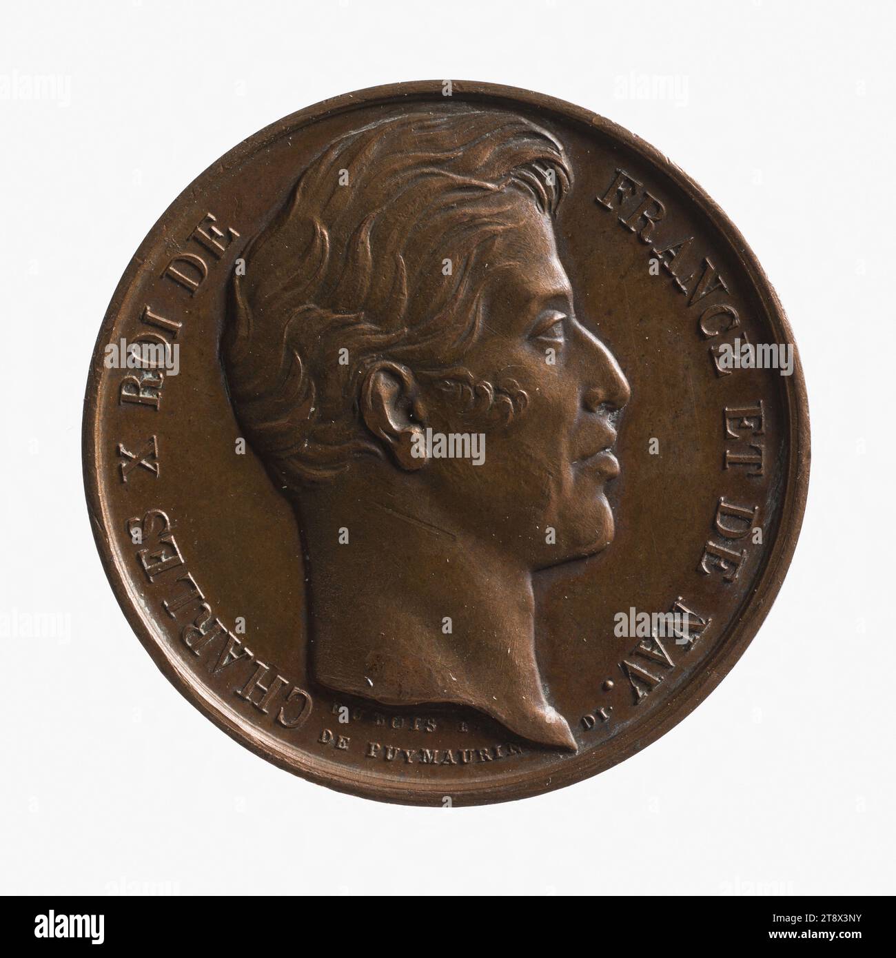 Passage von König Karl X. nach Cambrai, 4. September 1827, Dubois, Joseph Eugène, Graveurin in Medaillen, Puymaurin, Jean-Pierre Casimir de Marcassus de, Baron, Array, Numismatik, Medaille, Paris, Abmessungen – Arbeit: Durchmesser: 2,7 cm, Gewicht (Typenabmessung): 9,1 g Stockfoto