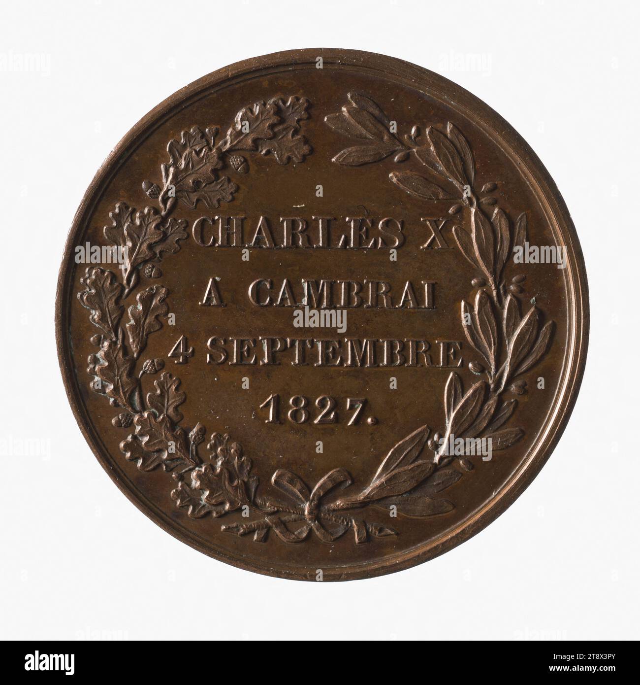 Passage von König Karl X. nach Cambrai, 4. September 1827, Dubois, Joseph Eugène, Graveurin in Medaillen, Puymaurin, Jean-Pierre Casimir de Marcassus de, Baron, Array, Numismatik, Medaille, Paris, Abmessungen – Arbeit: Durchmesser: 2,7 cm, Gewicht (Typenabmessung): 9,1 g Stockfoto