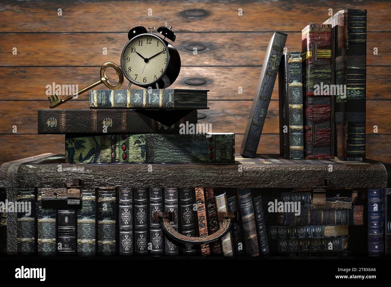 Hintergrund alter Bücher mit Stapel antiker Bücher, Wecker und alter Schlüssel auf dem Bücherregal mit Deckblatt. Lesekonzept, Wissen und Bildung. Stockfoto