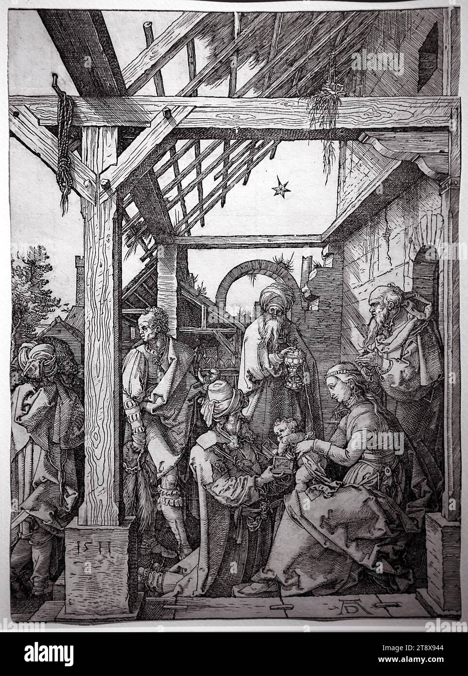 Die Anbetung der Magier. Albrecht Durer (1471-1528) aus dem Buch das Leben der Jungfrau. Die magisch tragenden Geschenke. Holzschnitt, Gravur C 1511. Stockfoto