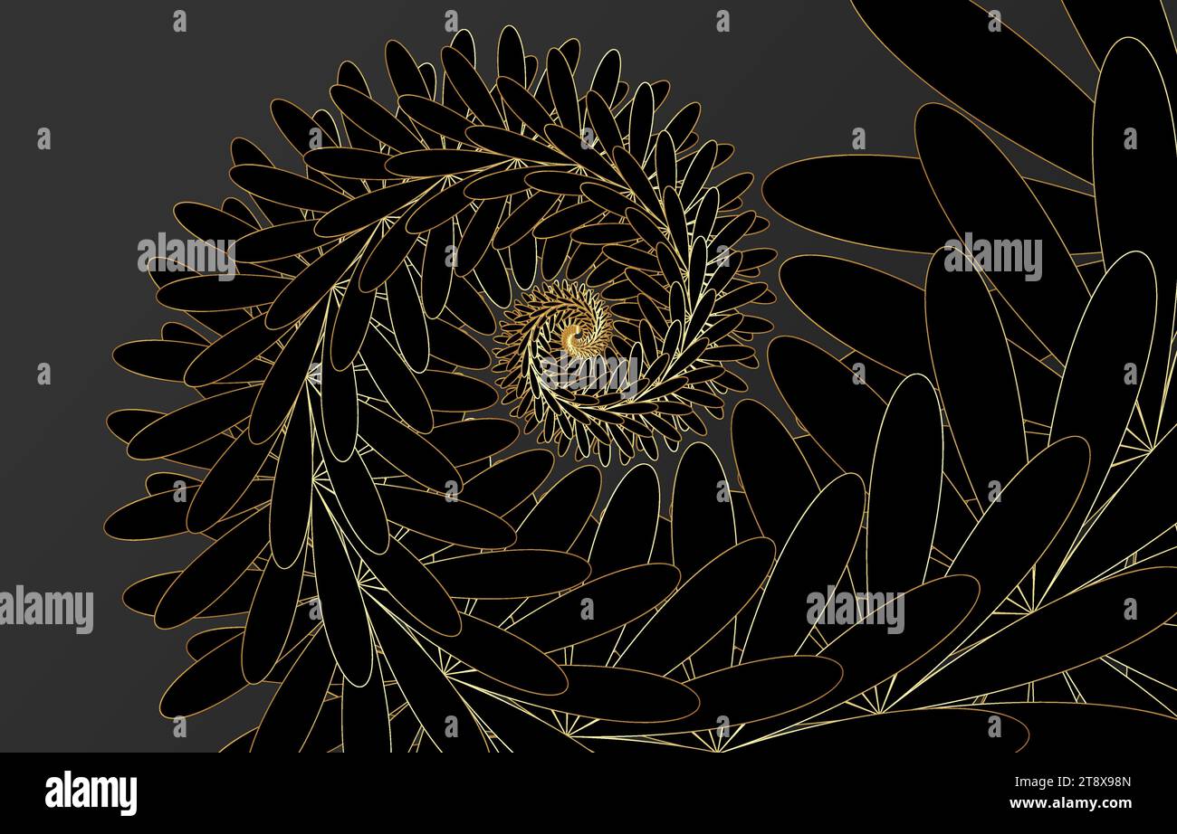 Fibonacci-Spiralhintergrund. Abstrakte schwarze und goldene Nautilus Fibonacci Musterschablone, goldene Luxusvektorillustration auf grauem Hintergrund Stock Vektor