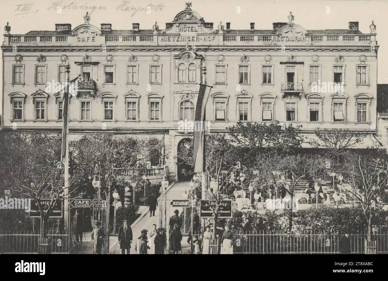13th, Hietzinger Hauptstraße 22 - Hotel Hietzinger Hof mit Restaurierung, Ansichtskarte, Unbekannt, 1905-1909, Pappe, Collotype, Höhe x Breite 9 x 14 cm, Hotel- und Gaststättenindustrie, Freizeit und Freizeit, 13. Bezirk: Hietzing, mit Menschen, die Wiener Sammlung Stockfoto