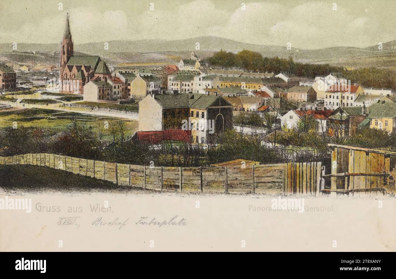 18., Panorama von Gersthof mit Bischof-Faber-Platz, Ansichtskarte, unbekannt, 1900-1905, Karton, Heliochrom-Druck, Höhe x Breite 9 x 14 cm, 18. Bezirk: Währing, Kirche (außen), Dorfblick, Dorfsilhouette, Gersthof, die Wiener Sammlung Stockfoto