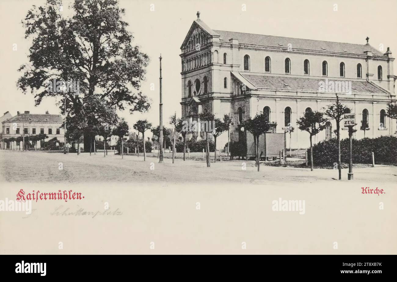 22., Kaisermühlen - Schüttauplatz - mit Kaisermühlenkirche, Ansichtskarte, Verleger Josef Popper (J. P. W.), Hersteller, 1900-1904, Karton, Kollotype, Höhe x Breite 9 x 14 cm, 22. Bezirk: Donaustadt, Kirche (außen), Kaisermühlener Kirche, Sammlung Wien Stockfoto