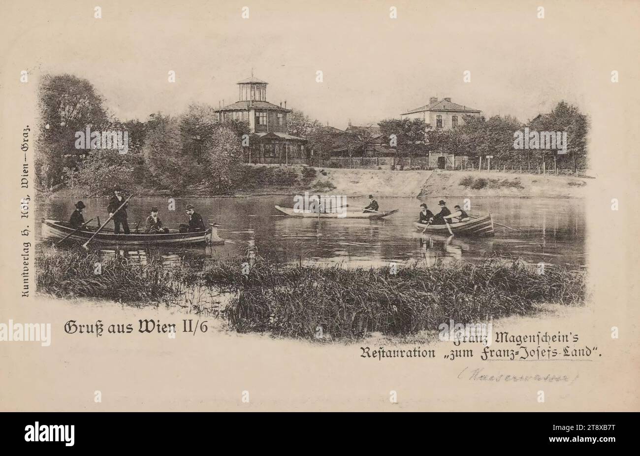 22., Franz-Josefs-Land (Alte Donau) - mit Franz Magenscheins Restaurierung "zum Franz-Josefs-Land", Ansichtskarte, Heinrich Kölz (NOI), Produzent, 1900-1905, Pappe, Reliefdruck, Kollotypie, Höhe x Breite 9 x 14 cm, Freizeit und Freizeit, Donau, Hotel- und Restaurantgeschäft, 22: Donaustadt, Ruderboot, Kanu usw. mit Menschen, Kanälen, Gewässern (in der Stadt), der Wiener Sammlung Stockfoto