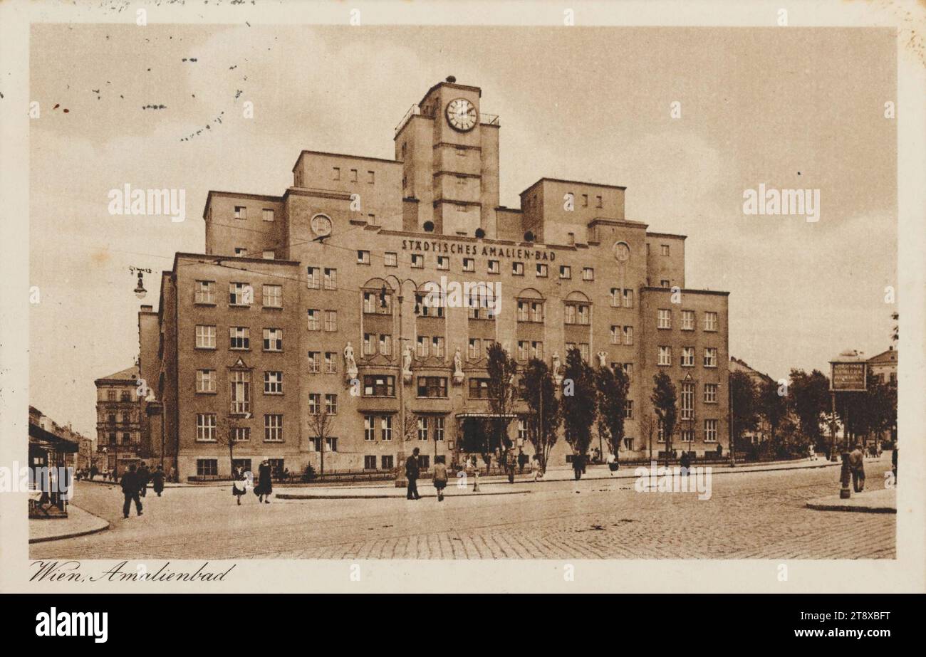 10th, Reumannplatz 23 - Amalienbad, Ansichtskarte, Unbekannt, 1928, Karton, Tiefdruck, Höhe x Breite 9 x 14 cm, Beschriftung, AUS Wien, AN St. Egyd, ADRESSE, an Frau, [, in St Egyd A, N, Markt 3, MESSAGE, Vienna 11, 9 [1928, Anmerkung], lieber Mr. erlauben Sie mir, Ihnen noch einmal eine Karte zu schicken, nämlich unser größtes Bad aus Wien. Ich bin bei guter Gesundheit, was ich hoffe. Wann besuchen Sie unser Wien? Natürlich musst du auch zu mir kommen. Mit freundlichen Grüßen an meine Tochter Frau, Red Vienna, Freizeit und Freizeit, Körper- und Schönheitspflege, Medien und Kommunikation Stockfoto