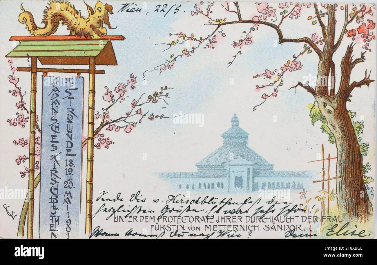 Japanisches Kirschblütenfest Rotunde 18., 19. 20. Mai 1901, Unbekannt, 1901, beschichtete Pappe, Farblithographie, Höhe x Breite 9 x 14 cm, Beschriftung, VON, Wien, BIS, Görz, ANSCHRIFT, Hochwohlgeboren, Frau, k. u. k. Oberstlieutenantsgemalin, Gorizia, Küstenland, Corso Nr. 11. I. Floor, NACHRICHT, Wien, 22, 5, senden Sie Ihnen vom Cherry Blossom Festival die herzlichsten Grüße. Es war sehr schön, wann kommen Sie nach Wien?, Ihre Elise, Prater, Ausstellungen, Medien und Kommunikation, verschwundene Stätten und Strukturen, Postkarten mit Transliteration, 2. Bezirk: Leopoldstadt Stockfoto