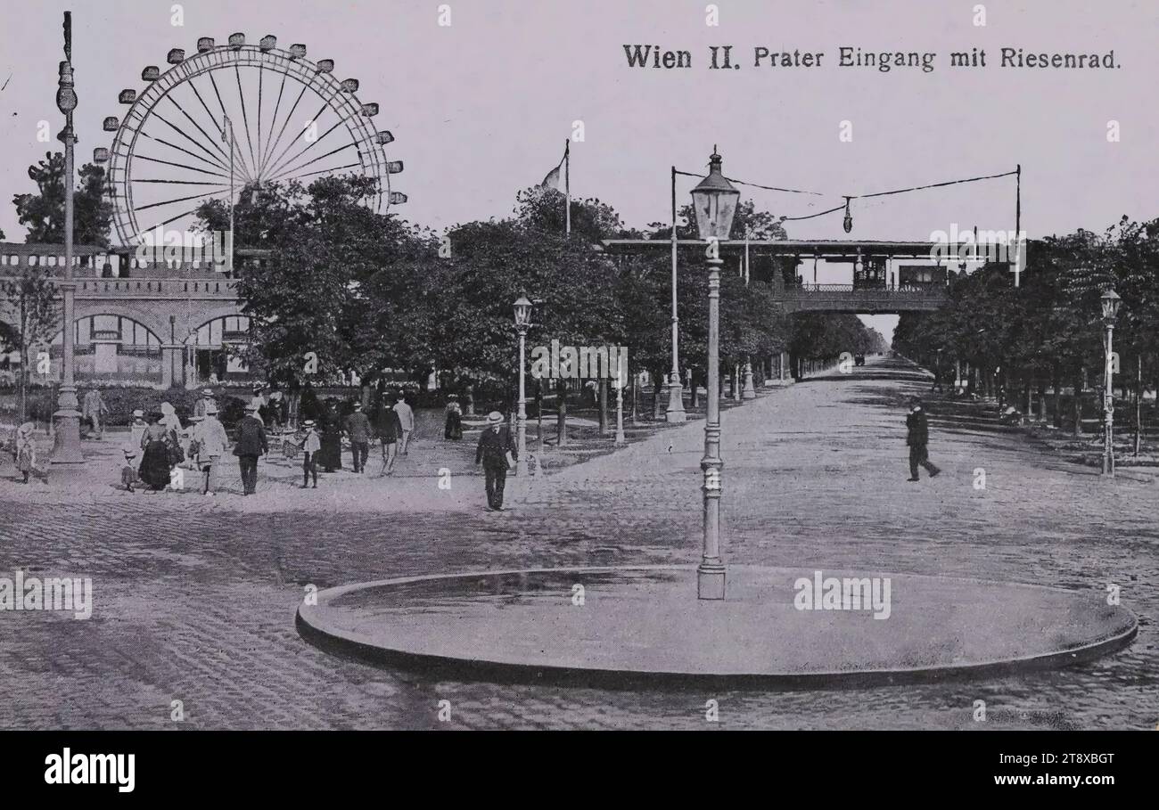 2., Eingang zum Prater, mit Riesenrad und Hauptstraße, Postkarte, unbekannt, Datum um 1910, beschichtete Pappe, Halbtondruck, Höhe x Breite 9 x 14 cm, Prater, Attraktionen, Freizeit und Freizeit, Park, 2. Bezirk: Leopoldstadt, öffentliche Gärten, Park, Riesenrad, Riesenrad, mit Menschen, Brücke, Straßenbeleuchtung, Riesenrad Wien, Hauptallee, die Wiener Sammlung Stockfoto