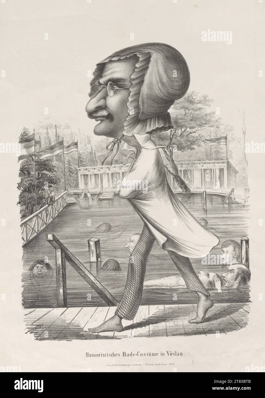 Humoristisches Bade=Costüme in Vöslau." (Karikatur über Moritz Gottlieb Saphir), Johann Höfelich (1796-1849), Drucker, 1848, Papier, Kreide-Lithographie, Höhe 38, 1 cm, Breite 27, 7 cm, Karikatur, Satire, Wiener Umgebung, Revolutionen von 1848, 1849, Schriftsteller, Dichter, Autor, Leiter (Mensch), öffentliche Bäder, Moritz Gottlieb Saphir, Sammlung Wien Stockfoto