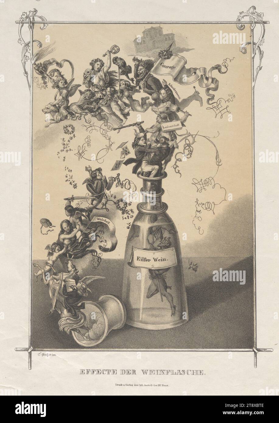EFFECTE DER WEINFLASCHE." (Karikatur: Aus einer Flasche 'Eilfer Wein' 'Passion', 'Begeisterung', 'Mut', 'Humor' und 'Wahrheit' Aufstieg), Carl Josef Geiger (1822-1905), Lithograph, Matthias Rudolph Toma (1792-1869), Verlag, 1848, Papier, Kreide-Lithografie, Höhe 34 cm, Breite 24, 6 cm, Karikatur, Satire, Revolutionen von 1848, 1849, Glasbehälter: Flasche, Glas, Vase, Sammlung Wien Stockfoto