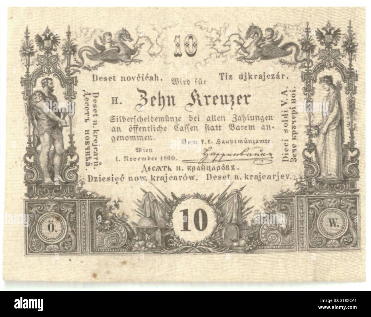 Münzkarte 10 Kreuzer, k.k. Hauptmünzamt, Münzbehörde, 01.11.1860, Papier, bedruckt, Höhe x Breite 47 x 62 mm, Mint, Wien, Prägegebiet, Österreich, Reich (1804-1867), Finanzen, Banknote, Geld, die Wiener Sammlung Stockfoto