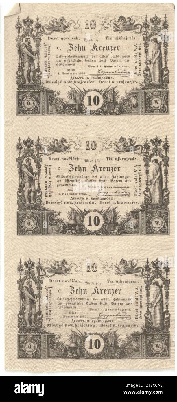 Münzbogen (3 Stück verbunden), 10 Kreuzer, Unbekannt, k.k. Hauptmünzamt, Münzbehörde, 01.11.1860, Papier, bedruckt, Höhe x Breite 139 x 65 mm, Münze, Wien, Münzgebiet, Österreich, Reich (1804-1867), Finanzen, Banknote, Geld, die Wiener Sammlung Stockfoto