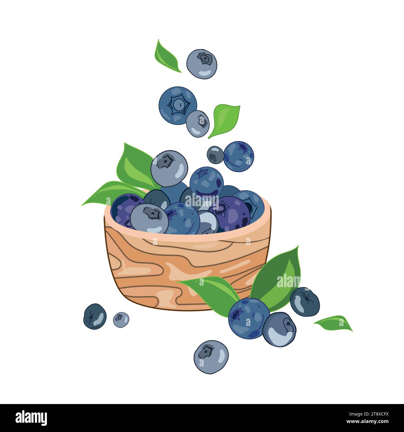 Blaubeeren fliegen in eine hölzerne Schüssel Vektor Illustration lokalisiert auf weißem Hintergrund.Blaubeeren mit Blättern Zeichentrickzeichnung.Summer Beeren.Natural Stock Vektor