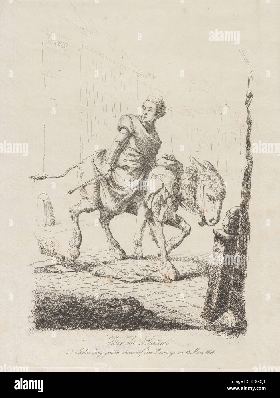 Das alte 'System' (Satire über Metternichs Flug im März 1848), Unknown, 1848, Papier, Ätzen, Höhe 36,6 cm, Breite 27,9 cm, Umdrehungen von 1848, 1849, Karikatur, Satire, Flucht, Politik, Vormärz, Biedermeier, Flucht, Flucht, Flucht, Verfolgung, Politiker, Sammlung Wien Stockfoto