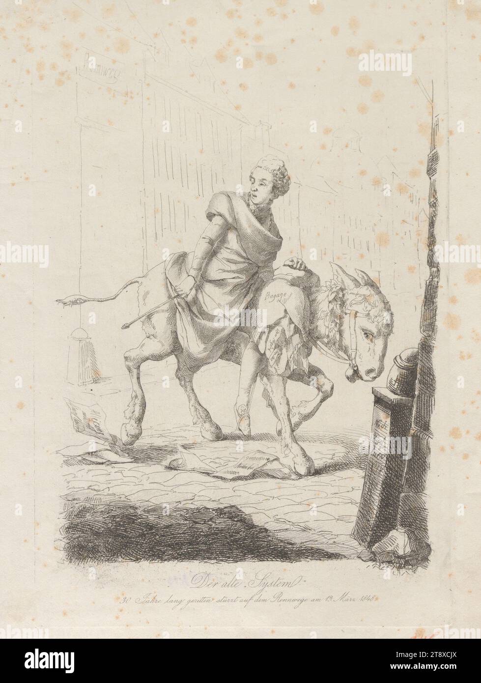 Das alte 'System' (Satire über Metternichs Flug im März 1848), Unknown, 1848, Papier, Ätzen, Höhe 36,2 cm, Breite 27,6 cm, Umdrehungen von 1848, 1849, Karikatur, Satire, Flucht, Politik, Vormärz, Biedermeier, Flucht, Flucht, Flucht, Verfolgung, Politiker, Sammlung Wien Stockfoto