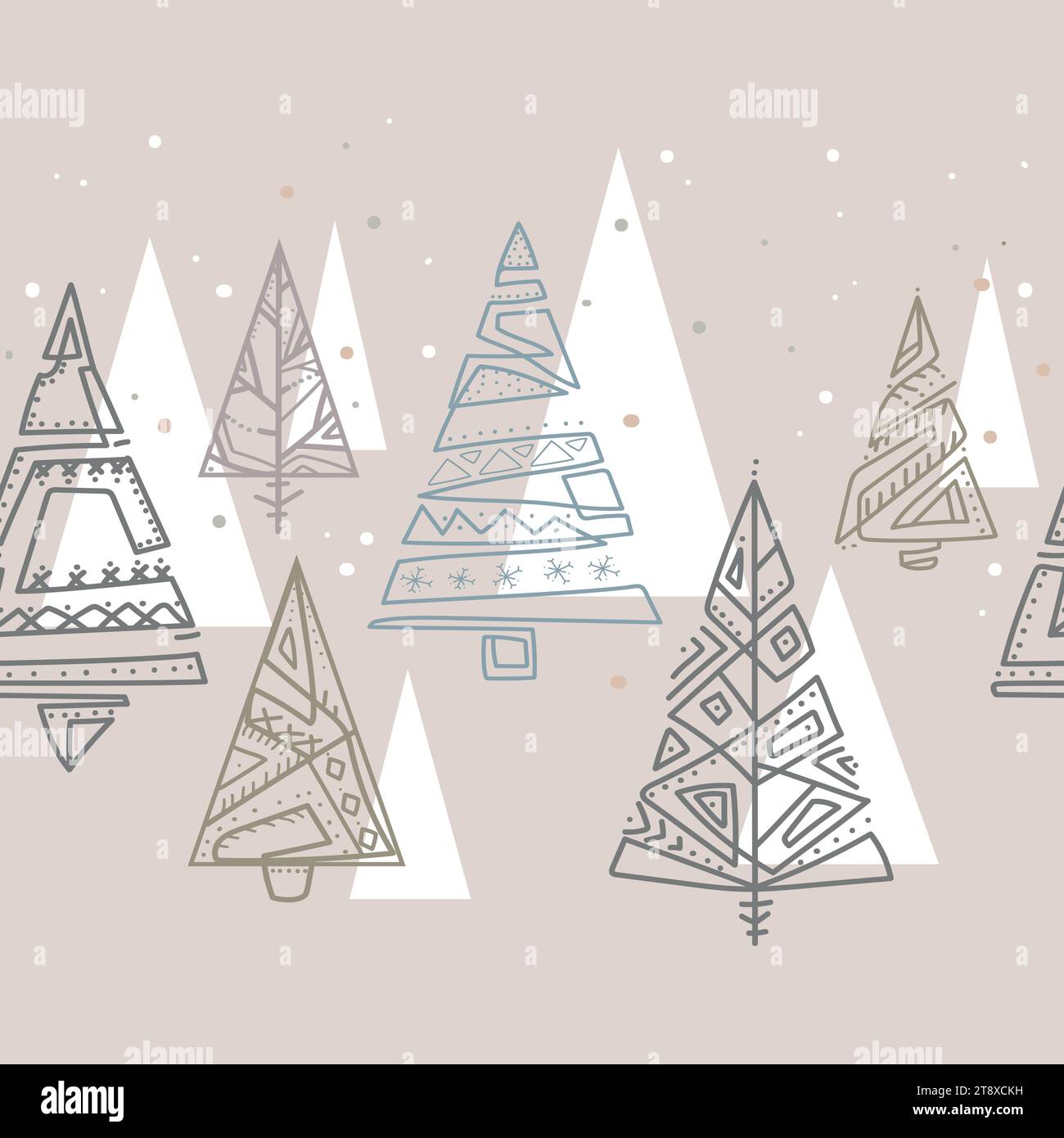 Weihnachtsbäume nahtloses Randmuster im skandinavischen Stil, einfache künstlerische Linie Strichvektor Illustration. Weihnachtsdesign für Grußkarte.Merry Stock Vektor