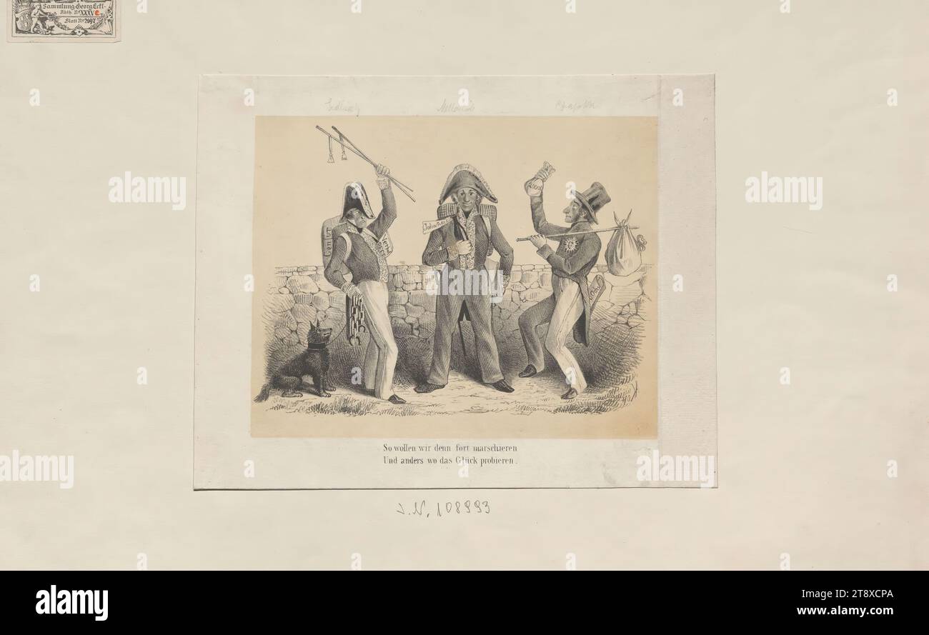 Also lasst uns wegziehen und unser Glück woanders versuchen." (Satire über den Flug von Metternich, Sedlnitzky und Czapkas im März 1848), Unknown, 1848, Papier, Kreidelithographie, Höhe 20,5 cm, Breite 25,8 cm, Umdrehungen von 1848, 1849, Karikatur, Satire, Flucht, Politik, Vormärz, Biedermeier, Flucht, Flucht, Flucht, Verfolgung, Politiker, Sammlung Wien Stockfoto