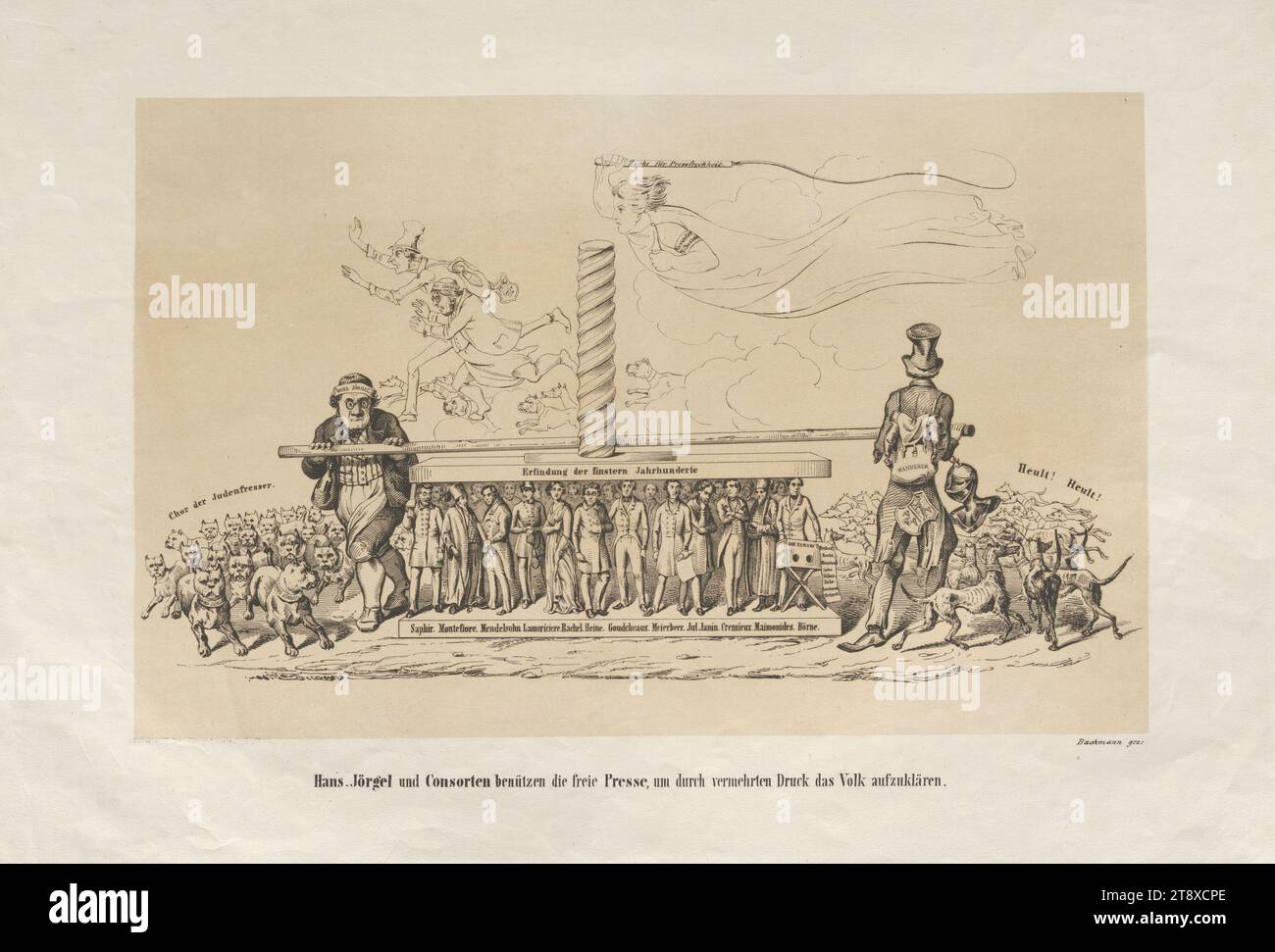 Hans Jörgel und Consorten nutzen die freie Presse, um das Volk durch erhöhten Druck zu erhellen." (Karikatur gegen die antisemitische Presse, 1848), Bachmann, Lithograph, 1848, Papier-, Stift- und Tintenlithographie, Höhe 36, 7 cm, Breite 51, 5 cm, Karikatur, Satire, Revolutionen von 1848, 1849, Antisemitismus, Die Wiener Sammlung Stockfoto