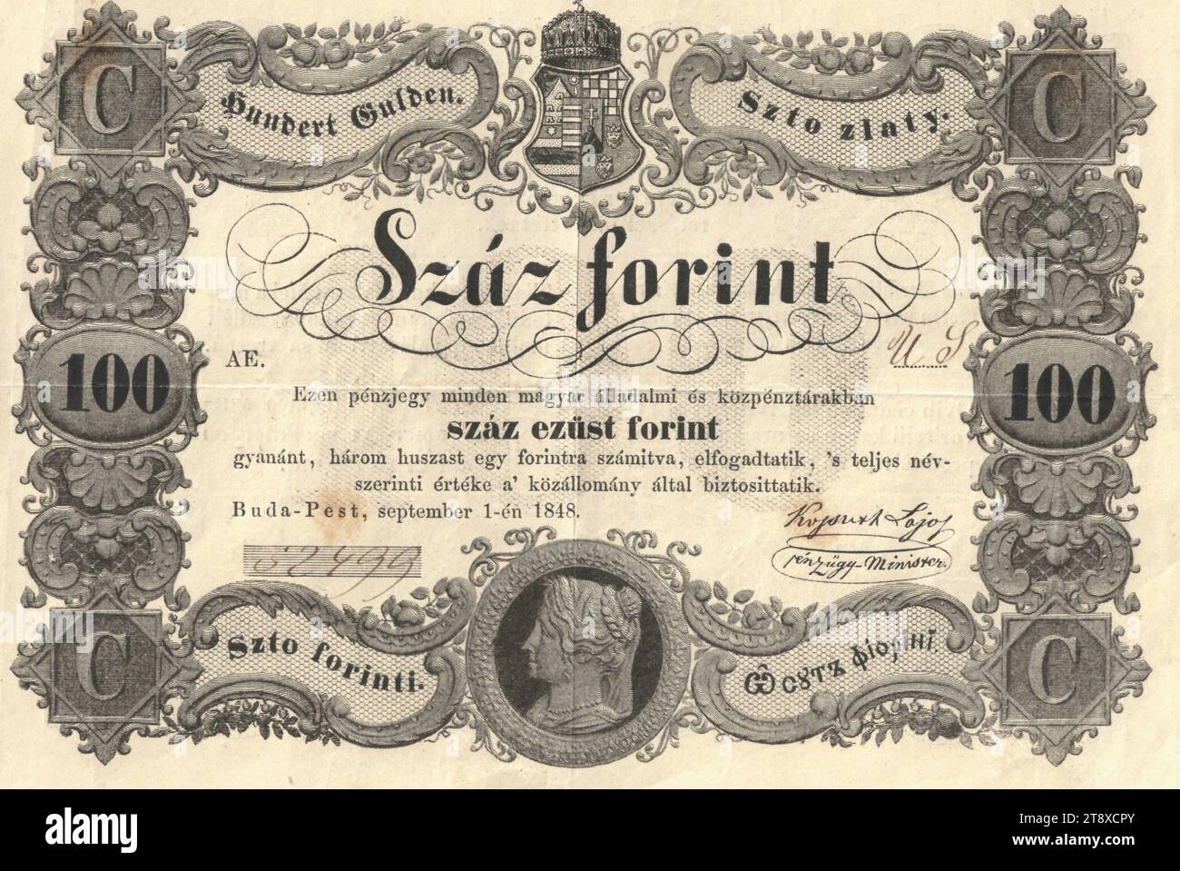 Pénzjegy (Banknote), 100 Forint, ungarisches Finanzministerium, Münzanstalt, 01.09.1848, Papier, Druck, Höhe 129 mm, Breite 184 mm, Mint, Buda, Ofen, Münzgebiet, Ungarn, Königreich (Reich Österreich, Aufstand 1848, 1849), Finanzen, Wappen (als Staatssymbol usw.), Banknote, Geld, Wiener Sammlung Stockfoto