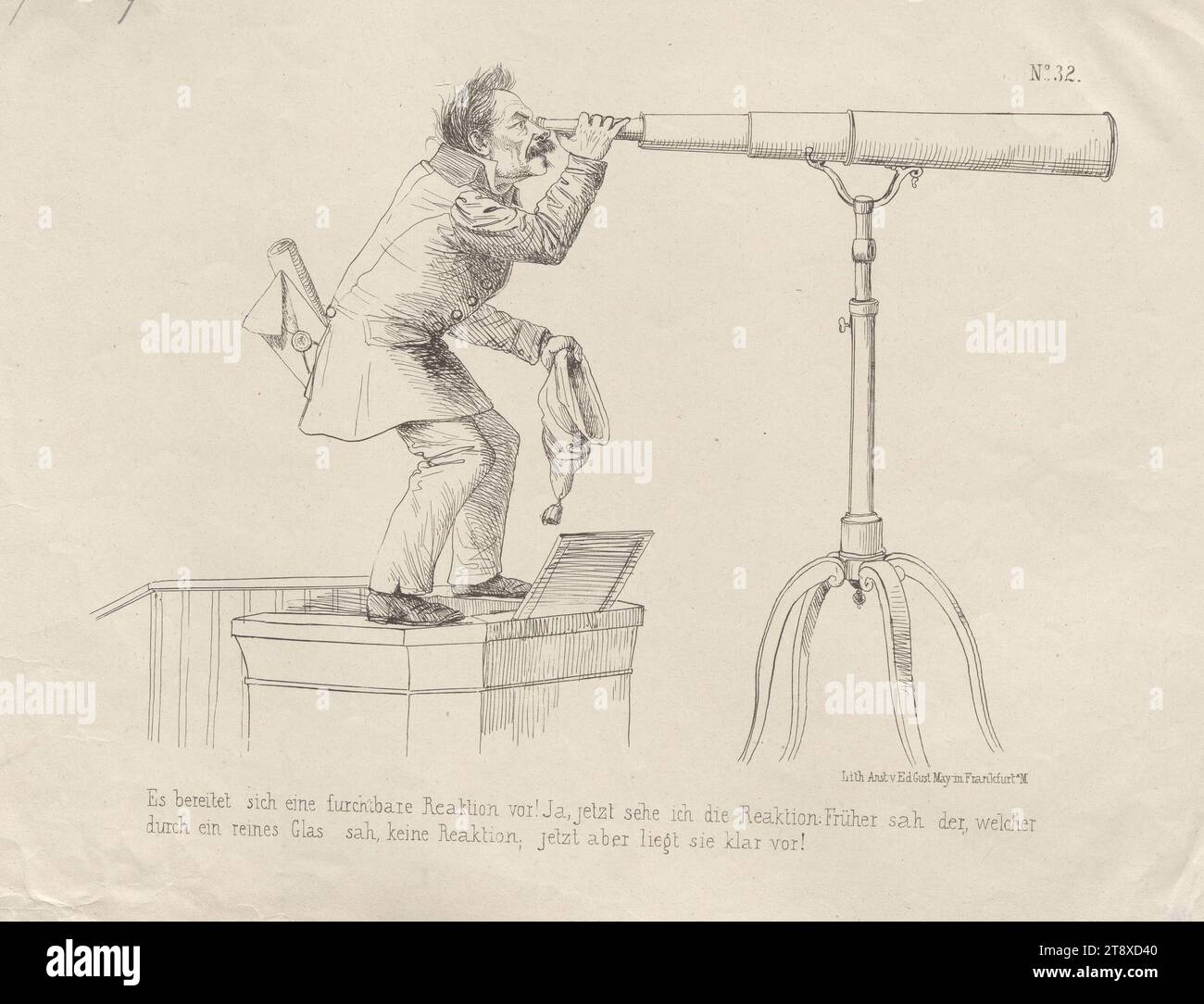 Eine schreckliche Reaktion bereitet sich vor!“ (Karikatur über Johann Gottfried Eisenmann, Mitglied der Frankfurter Nationalversammlung 1848), Eduard Gustav May (1818-1907), Verlag, 1848, Papier-, Stift- und Tintenlithographie, Höhe 24, 3 cm, Breite 31, 2 cm, Karikatur, Satire, Revolutionen von 1848, 1849, Politik, abgeordneter der Wiener Sammlung Stockfoto