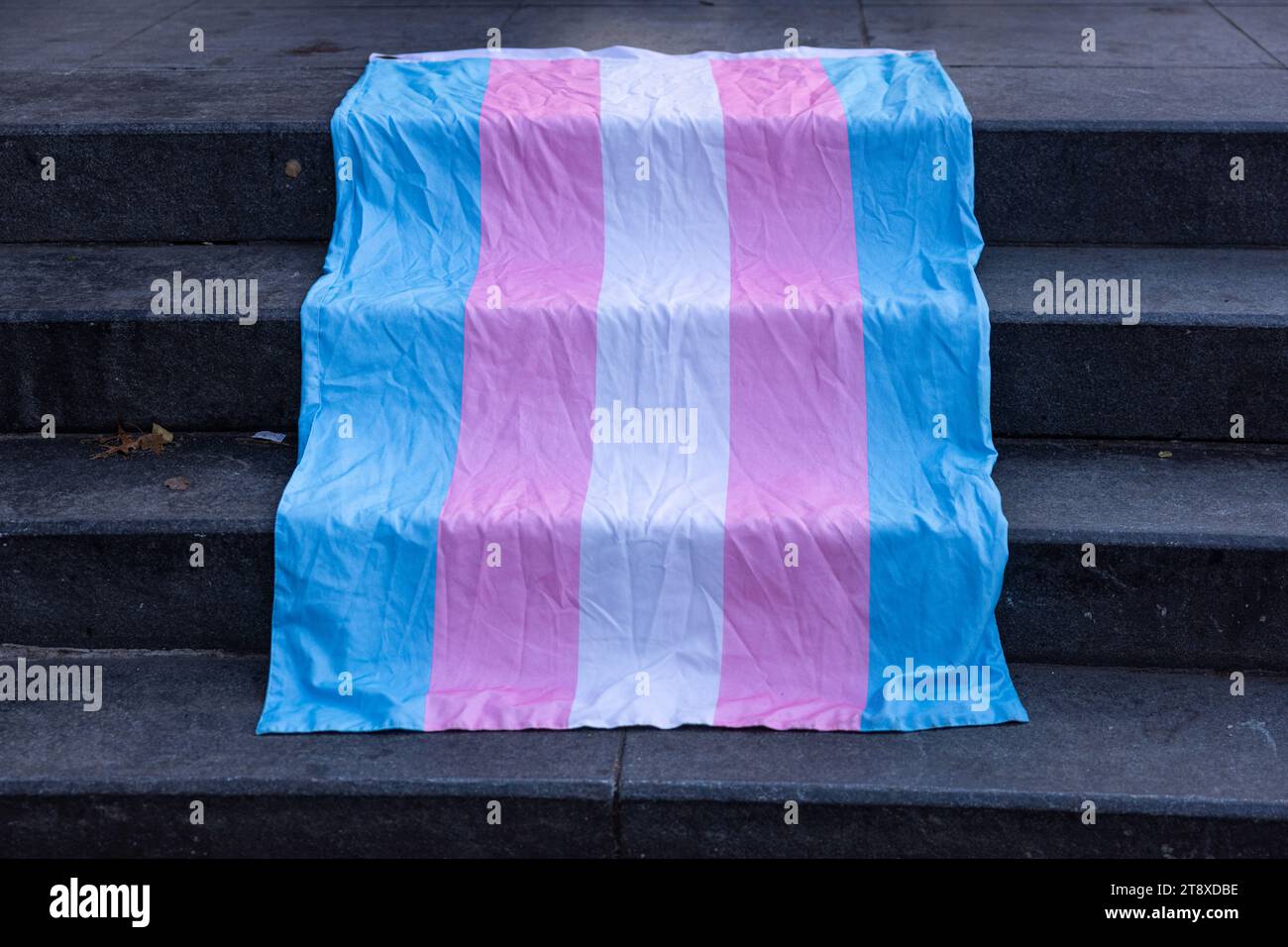 New York, USA. November 2023. Die Transgender-Flagge wird am 20. November 2023 während der Transgender Day of Remembrance im Washington Square Park in New York, NY, angebracht. Dieser Tag erinnert an Transgender-, nicht-binäre und geschlechtsunkonforme Menschen, die in zufälligen Gewaltakten angegriffen wurden, weil sie authentisch leben. (Foto: Hailstorm Visuals/SIPA USA) Credit: SIPA USA/Alamy Live News Stockfoto