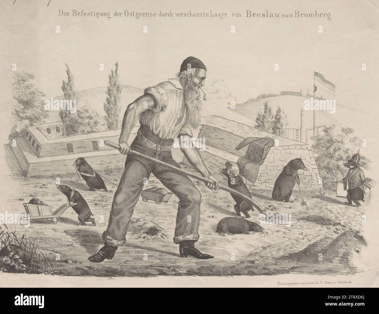 Die Befestigung der östlichen Grenze (...)" (Karikatur über Friedrich Ludwig Jahn, Mitglied der Frankfurter Nationalversammlung 1848), Samuel Stern, Verlag, 1848, Papier, Kreide-Lithographie, Höhe 26, 8 cm, Breite 34, 1 cm, Karikatur, Satire, Revolutionen von 1848, 1849, Politik, abgeordneter der Wiener Sammlung Stockfoto