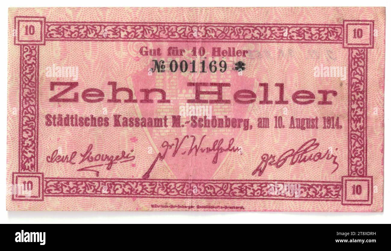Gutschein, 10 Heller, Kassenamt Mährischer Schönberg (Šumperk), Münzanstalt, 10.08.1914, Papier, Druck, Höhe x Breite 65 x 120 mm, Münzstätte, Mährisch Schönberg, Šumperk, Münzgebiet, Österreich, Reich (1804-1867), Finanzen, 1. Weltkrieg, Handelszeichen, private Münze, die Wiener Sammlung Stockfoto