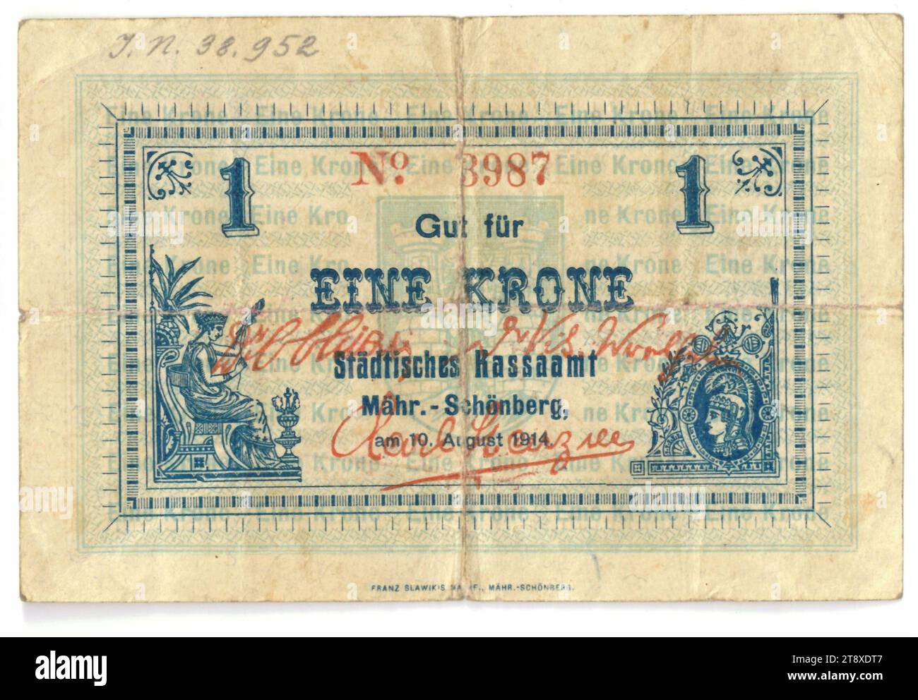 Gutschein, 1 Krone, Kassenamt Mährischer Schönberg (Šumperk), Münzanstalt, 10.08.1914, Papier, Druck, Höhe x Breite 80 x 120 mm, Münzstätte, Mährisch Schönberg, Šumperk, Münzgebiet, Österreich, Reich (1804-1867), Finanzen, 1. Weltkrieg, Handelszeichen, private Münze, die Wiener Sammlung Stockfoto
