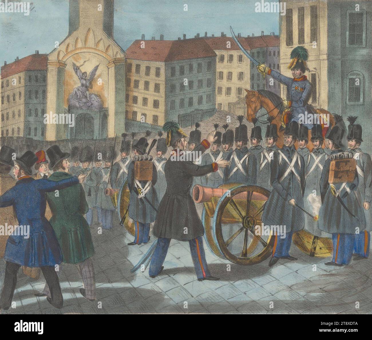 Der Hauptfeuerwehrmann Johann Pollet weigert sich, am 13. März 1848 auf das Volk zu schießen, Jakob Loder, Printer, 1848, Papier, farbig, kreideähnliche Lithographie, Höhe 22, 9 cm, Breite 29, 4 cm, Militär, Bildende Künste, Umdrehungen von 1848, 1849, 1. Bezirk: innere Stadt, der Soldat; das Leben des Soldaten, die Sammlung Wien Stockfoto