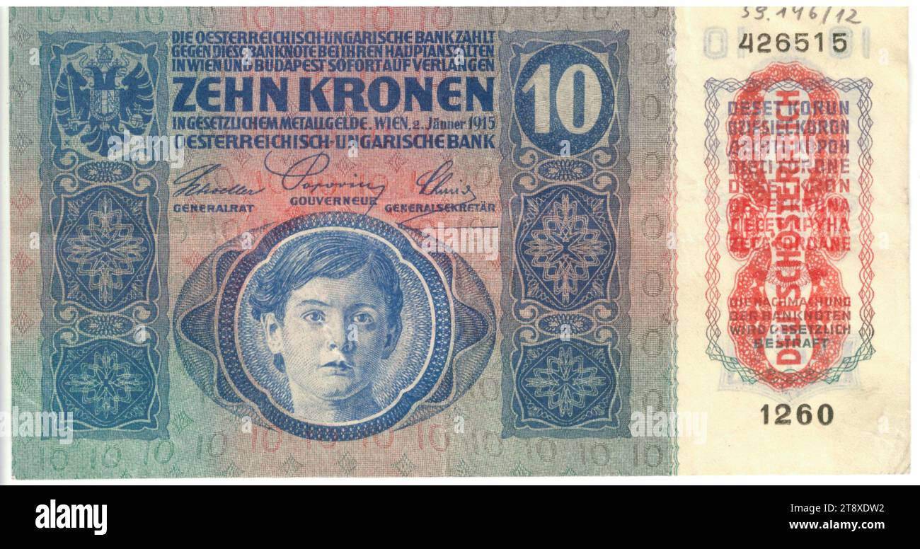 Banknote, 10 Kronen, österreichisch-ungarische Bank, Münzanstalt, Josef Pfeiffer (1864-1915), Künstler, 02.01.1915, Papier, Druck, Breite 150 mm, Höhe 82 mm, Münzstätte, Wien, Münzgebiet, Österreich, 1. Republik (1918-1933), erste Republik, Finanzen, Wappen (als Symbol des Staates usw.), Kind, Banknote, Geld, Die Wiener Sammlung Stockfoto