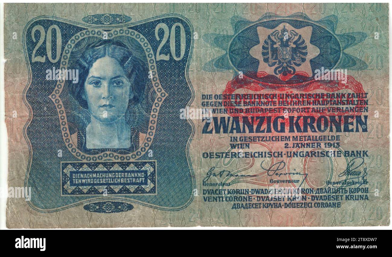 Banknote, 20 Kronen, österreichisch-ungarische Bank, Münzanstalt, Josef Pfeiffer (1864-1915), Künstler, 02.01.1913, Papier, Druck, Breite 150 mm, Höhe 89 mm, Münzstätte, Wien, Münzgebiet, Österreich, 1. Republik (1918-1933), erste Republik, Finanzen, Frau, Wappen (als Staatssymbol usw.), Banknote, Geld, Wiener Sammlung Stockfoto