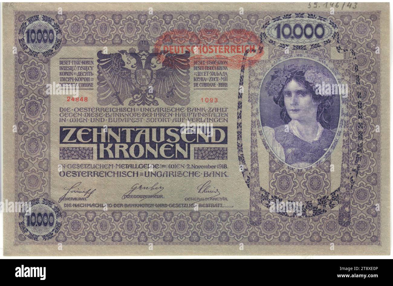 Banknote, 10000 Kronen, Rudolf Rössler (1864-1934), Künstler Heinrich Lefler (1863-1919), Künstler, Österreichisch-ungarische Bank, Münzanstalt, 02.11.1918, Papier, Druck, Breite 194 mm, Höhe 128 mm, Mint, Wien, Münzgebiet, Österreich, 1. Republik (1918-1933), erste Republik, Finanzen, Frau, Banknote, Geld, die Wiener Sammlung Stockfoto