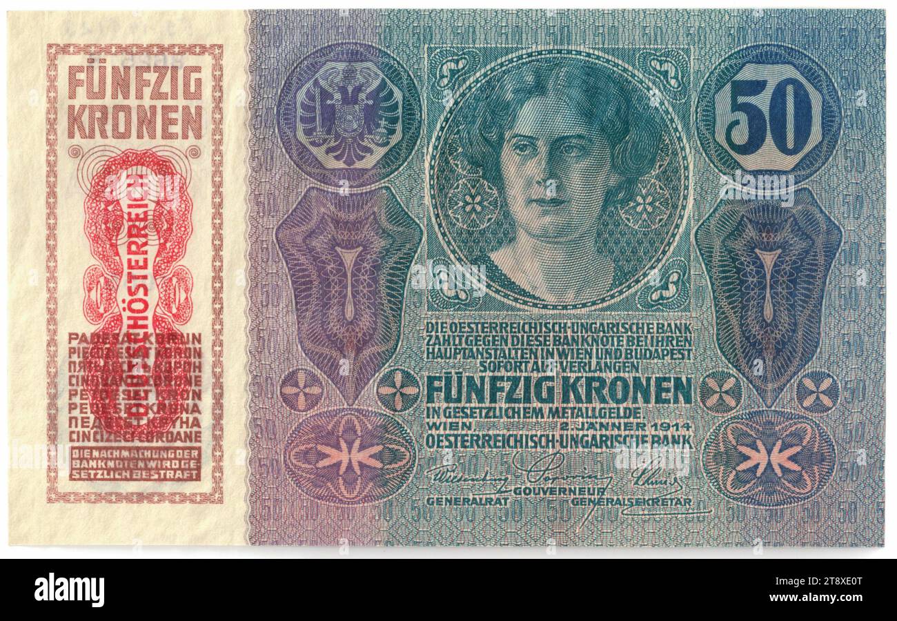 Banknote, 50 Kronen, österreichisch-ungarische Bank, Münzanstalt, Josef Pfeiffer (1864-1915), Künstler, 02.01.1914, Papier, Druck, Höhe 101 mm, Breite 164 mm, Münzstätte, Wien, Münzgebiet, Österreich, 1. Republik (1918-1933), erste Republik, Finanzen, Frau, Wappen (als Staatssymbol usw.), Banknote, Geld, Wiener Sammlung Stockfoto