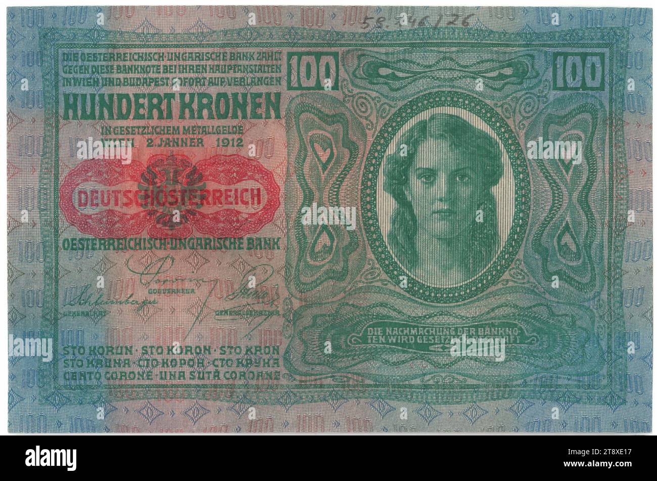 Banknote, 100 Kronen, österreichisch-ungarische Bank, Münzanstalt, Josef Pfeiffer (1864-1915), Künstler, 02.01.1912, Papier, Druck, Breite 163 mm, Höhe 108 mm, Münzstätte, Wien, Münzgebiet, Österreich, 1. Republik (1918-1933), erste Republik, Finanzen, Frau, Banknote, Geld, die Wiener Sammlung Stockfoto