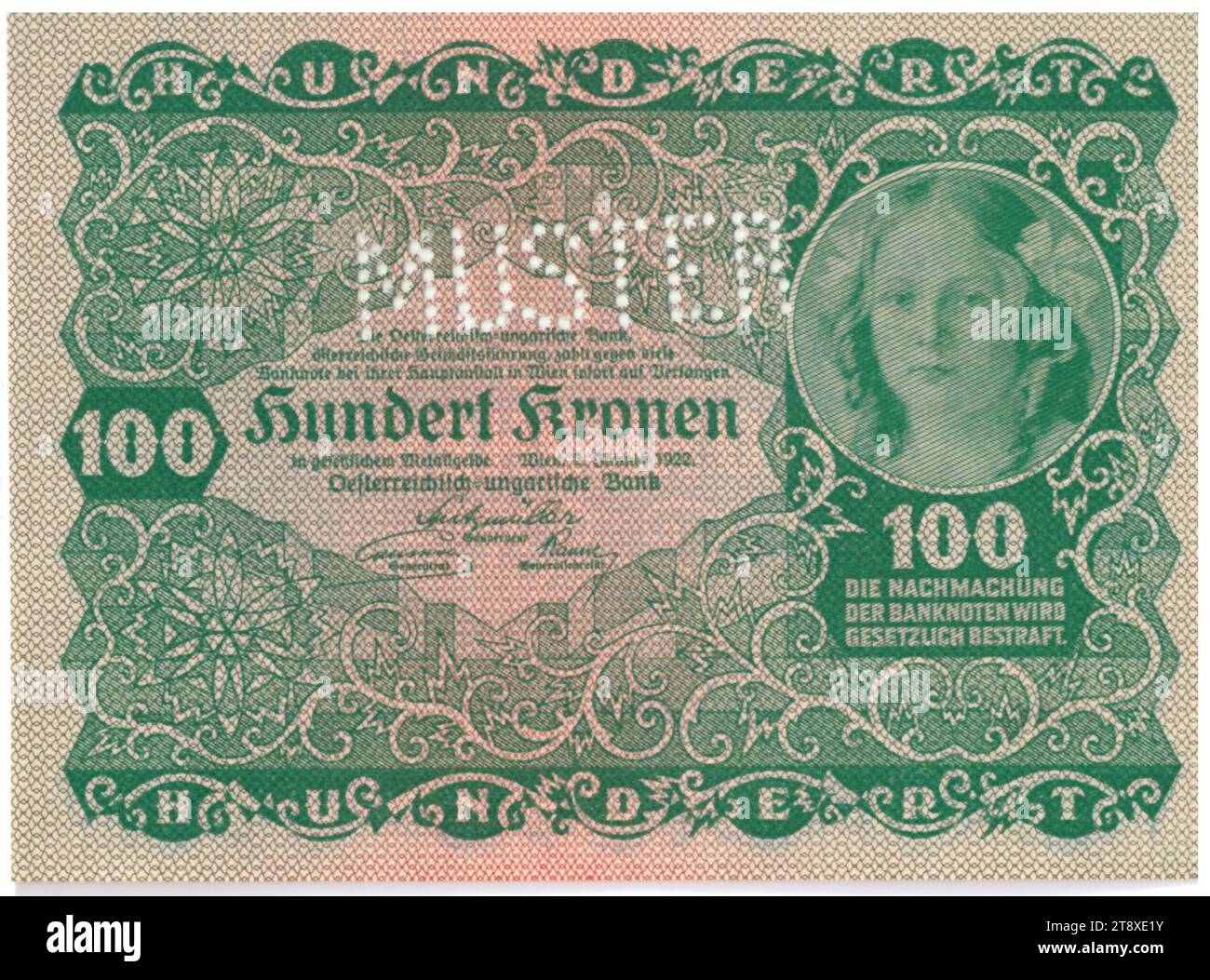 Banknote (Exemplar), 100 Kronen, Rudolf Rössler (1864-1934), Künstler, Rudolf Junk (1880-1943), Künstler, Österreichisch-ungarische Bank österreichischer Geschäftsführung, Münzanstalt, 02.01.1922, Papier, Druck, Breite 107 mm, Höhe 79 mm, Münzstätte Wien, Münzgebiet, Österreich, 1. Republik (1918-1933), die erste Republik, Finanzen, Frau, banknote, Geld, die Wiener Sammlung Stockfoto