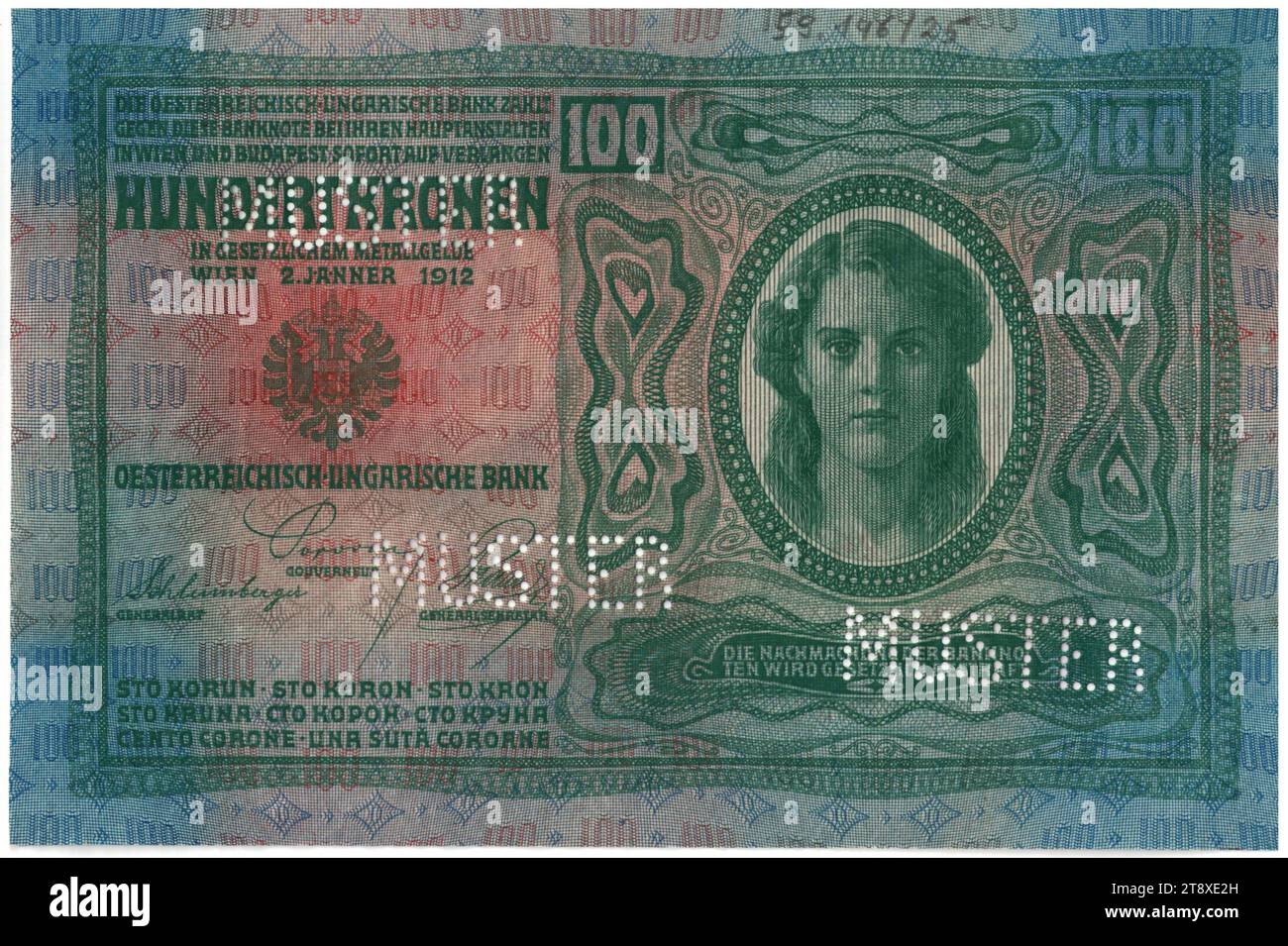 Banknote (Exemplar), 100 Kronen, österreichisch-ungarische Bank, Münzanstalt, Josef Pfeiffer (1864-1915), Künstler, 02.01.1912, Papier, Druck, Breite 163 mm, Höhe 108 mm, Münzstätte, Wien, Münzgebiet, Österreich-Ungarn, Empire (1804, 06-1918), Finanzen, Wappen (als Symbol des Staates usw.), Frau, Banknote, Geld, Die Wiener Sammlung Stockfoto