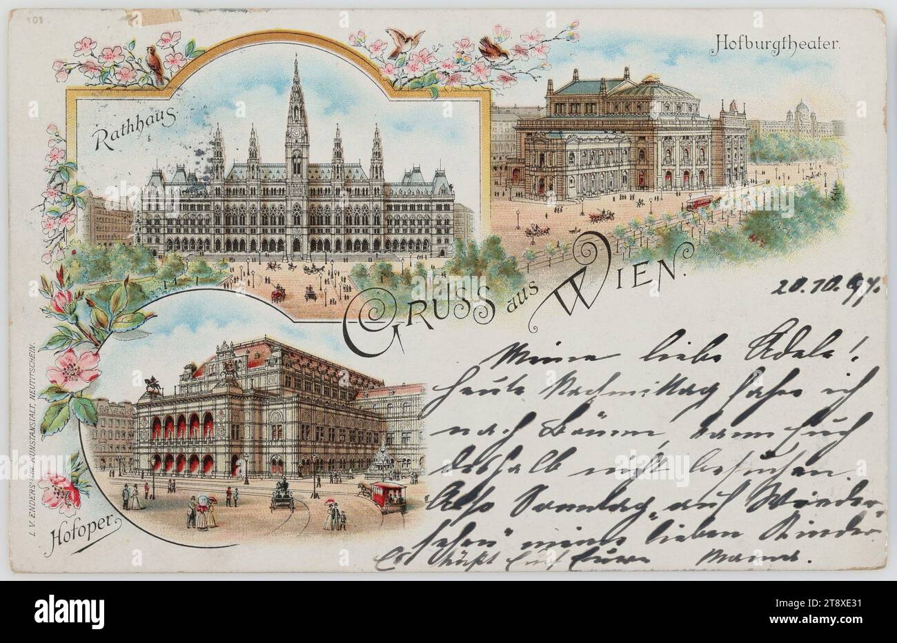 Begrüßung aus Wien. Rathhaus, Hofburgtheater, Hofoper, L. V. Ender'sche Kunstanstalt, Produzent, 1897, beschichtete Pappe, Farblithographie, Inschrift, VON Wien NACH Wien, ADRESSE, ein Hochwohlgeborenes Fräulein, Wien, VII Burggasse Nr. 37, Pensionat Notre Dame d. Sion, NACHRICHT, meine liebe Adele! Heute Nachmittag fahre ich nach Brünn, also werde ich Sie nicht besuchen können. So Sonntag 'auf Wiedersehen' meine lieben Kinder, es küsst dich deine Mama, Attraktionen, Ringstraße, Medien und Kommunikation, Postkarten mit Transliteration, Bezirk: innere Stadt, Oper, Theater (Gebäude) Stockfoto