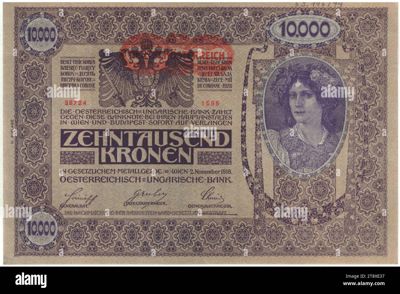 Banknote, 10000 Kronen, Rudolf Rössler (1864-1934), Künstler Heinrich Lefler (1863-1919), Künstler, österreichisch-ungarische Bank, Münzanstalt, 02.11.1918, Papier, Druck, Breite 194 mm, Höhe 128 mm, Münzprägeanstalt Wien, Münzprägegebiet, Österreich, 1. Republik (1918-1933), 1. Republik, Finanzen, Frau, Banknote, Geld, die Wiener Sammlung Stockfoto