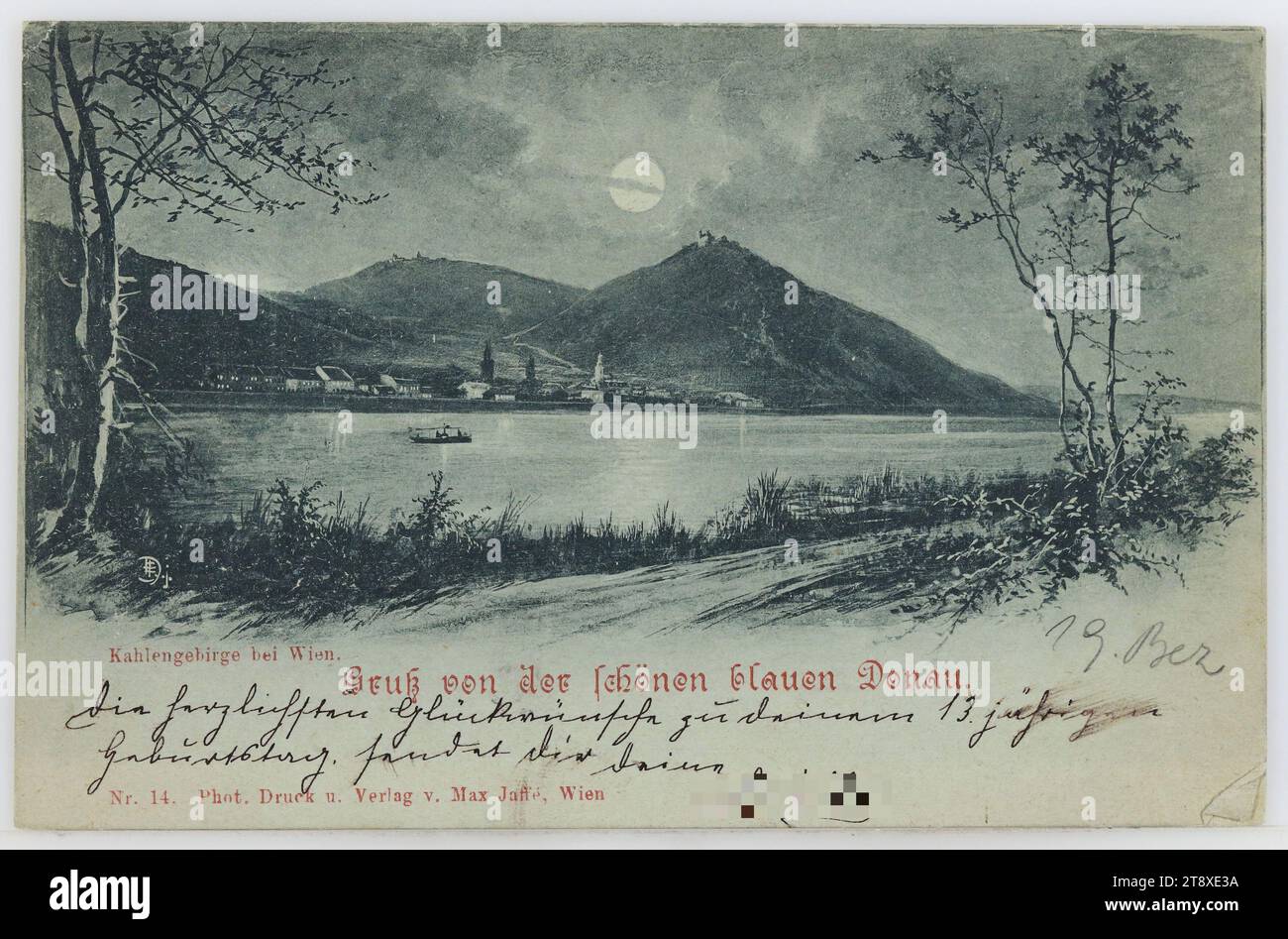 19., Kahlenberg, Leopoldsberg und Kahlenbergerdorf, von Floridsdorf aus gesehen, bei Nacht, Postkarte, Max Jaffé (1845-1939), Drucker, Verlag, 1898, Karton, Kollotypie, Inschrift, AUS Wien, AN, Wien, ADRESSE, an Wohlgeboren, Fräulein, Wien III B, Raßumofskigasse Nr. 2 2.St. Nr. 26, NACHRICHT: Die herzlichsten Glückwunsch zu deinem 13. Jubiläum schickt euch eure, Wienerwald, Donau, Postkarten mit Transliteration, 19. Bezirk: Döbling, Kanäle, Gewässer (in der Stadt), (hoher) Hügel, Boot von Mensch oder Tier angetrieben, Aussicht auf das Dorf, Silhouette des Dorfes, Kirche (außen) Stockfoto
