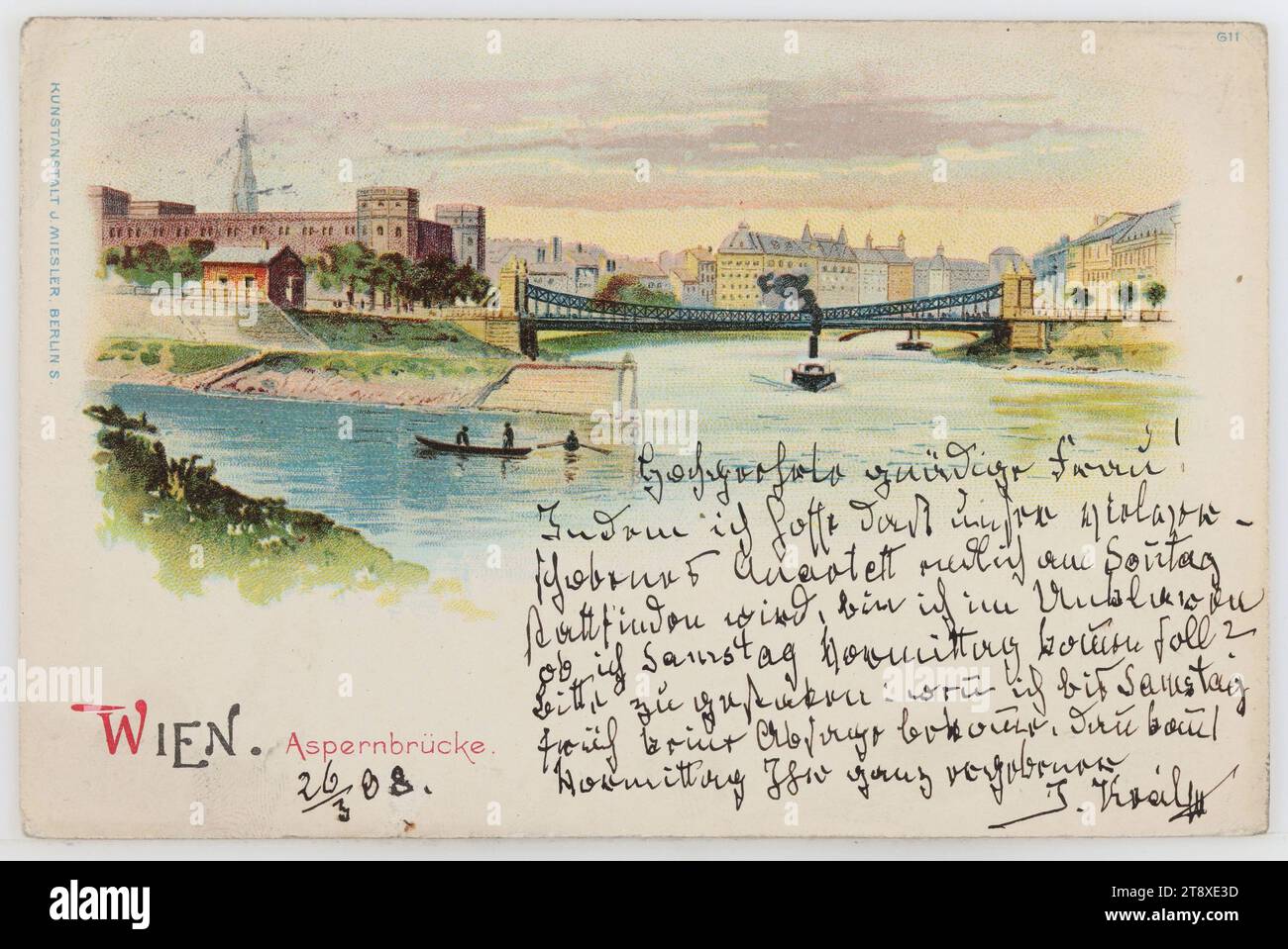 Donaukanal - Aspernbrücke, Ansichtskarte, Johannes Miesler (1851-1905), Produzent, 1898, Pappe, beschichtete Pappe, Farblithografie, Beschriftung, VON, Wien, NACH Wien, ANSCHRIFT, Hochwohlgeborne Frau, [...], Wien IV Radekgaße 1, BOTSCHAFT, Hochgeehrte gnädige Frau!, während ich hoffe, dass unser viel verzögertes Quartett endlich am Sonntag stattfinden wird, bin ich mir nicht sicher, ob ich am Samstagmorgen kommen soll? Bitte erlauben Sie mir: Wenn ich bis Samstagmorgen keine Ablehnung bekomme, wird Ihr hingebungsvoller J. Král am Morgen kommen, Donau, Militär, Medien und Kommunikation, Donaukanal Stockfoto