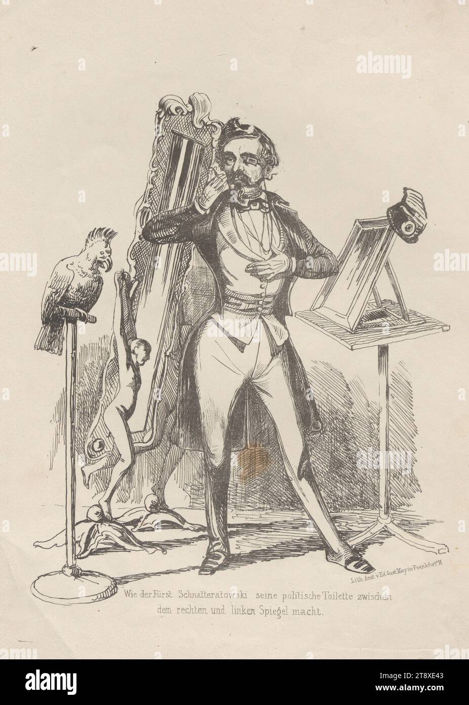 Wie Prinz Schnatteratowski seine politische Toilette macht (...) " (Karikatur über Felix Prinz von Lichnowsky, Mitglied der Frankfurter Nationalversammlung 1848), Eduard Gustav May (1818-1907), Verlag, 1848, Papier-, Stift- und Tintenlithographie, Höhe 30, 4 cm, Breite 21, 9 cm, Karikatur, Satire, Revolutionen von 1848, 1849, Politik, abgeordneter der Wiener Sammlung Stockfoto