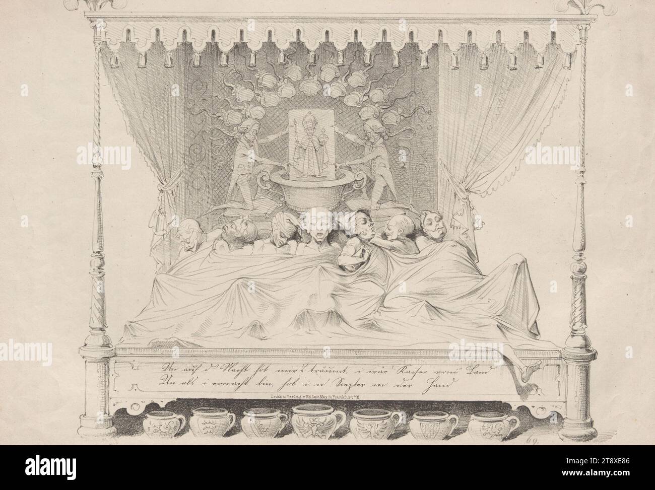 EIN SCHÖNER TRAUM!“ (Karikatur über die deutsche Reichswahl 1848 mit Maximilian II. Von Bayern, Friedrich Wilhelm IV. Von Preußen und Franz Joseph I. von Österreich), Johann Baptist d. J. Scholl (1818-1881), Lithograph, Eduard Gustav May (1818-1907), Verlag, 1848, Papier, Kreidelithographie, Höhe 30, 4 cm, Breite 43, 2 cm, Karikatur, Satire, Politik, Revolutionen von 1848, 1849, Habsburger, schlafend; Bewusstlosigkeit, Bett, König; Kaiser, Herrscher, Herrscher, Kaiser Franz Joseph I., Sammlung Wien Stockfoto