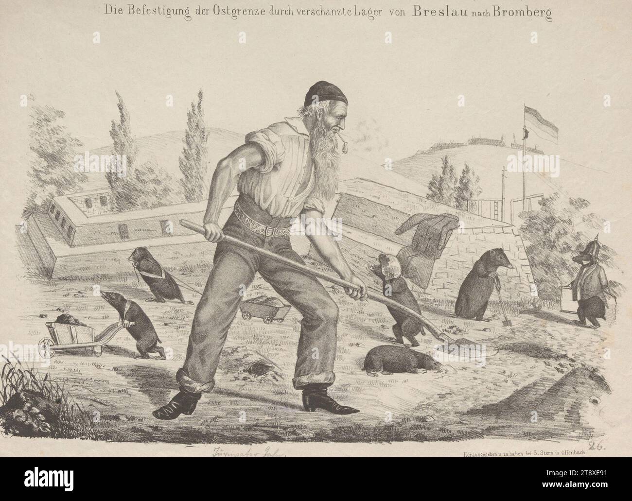 Die Befestigung der östlichen Grenze (...)" (Karikatur über Friedrich Ludwig Jahn, Mitglied der Frankfurter Nationalversammlung 1848), Samuel Stern, Verlag, 1848, Papier, Kreide-Lithographie, Höhe 25, 4 cm, Breite 34, 3 cm, Karikatur, Satire, Revolutionen von 1848, 1849, Politik, abgeordneter der Wiener Sammlung Stockfoto