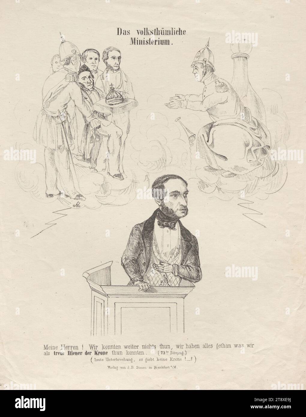 Das volksministerium." (Karikatur über Anton Ritter von Schmerling, Ministerpräsident der Provisorischen Zentralmacht 1848), Johann Bernhard Simon, Verlag, 1848, Papier, Kreide-Lithographie, Höhe 34, 5 cm, Breite 27, 1 cm, Karikatur, Satire, Revolutionen von 1848, 1849, Politik, minister  Regierung, Anton von Schmerling, Sammlung Wien Stockfoto