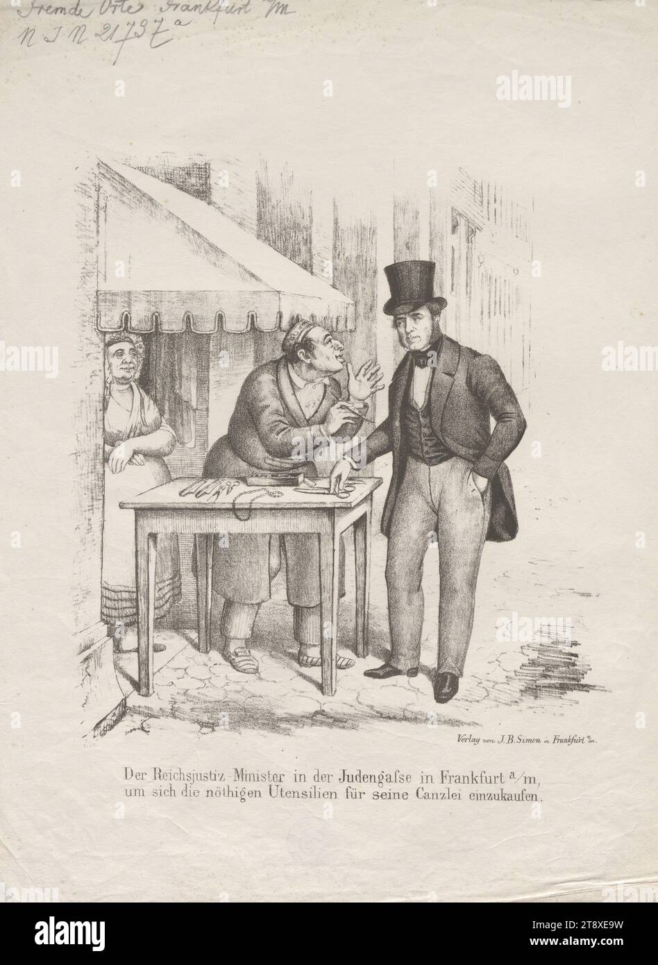 Der Reichsjustizminister in der Judengasse in Frankfurt a, m, (...)" (Karikatur über Johann Gustav Heckscher, Justizminister der Provisorischen Zentralmacht 1848), Johann Bernhard Simon, Verlag, 1848, Papier, Kreide-Lithographie, Höhe 36 cm, Breite 26, 6 cm, Karikatur, Satire, Revolutionen von 1848, 1849, Politik, Minister  Regierung, Die Wiener Sammlung Stockfoto